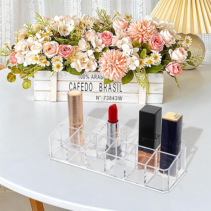 4-Pack 12-Slot Acrylic Lipstick Organizer, Lipstick Holder, Lip Gloss Organizer, Cosmetic Storage Display, Perfect Storage Solution for Drawer, Vanity, Bathroom, and More