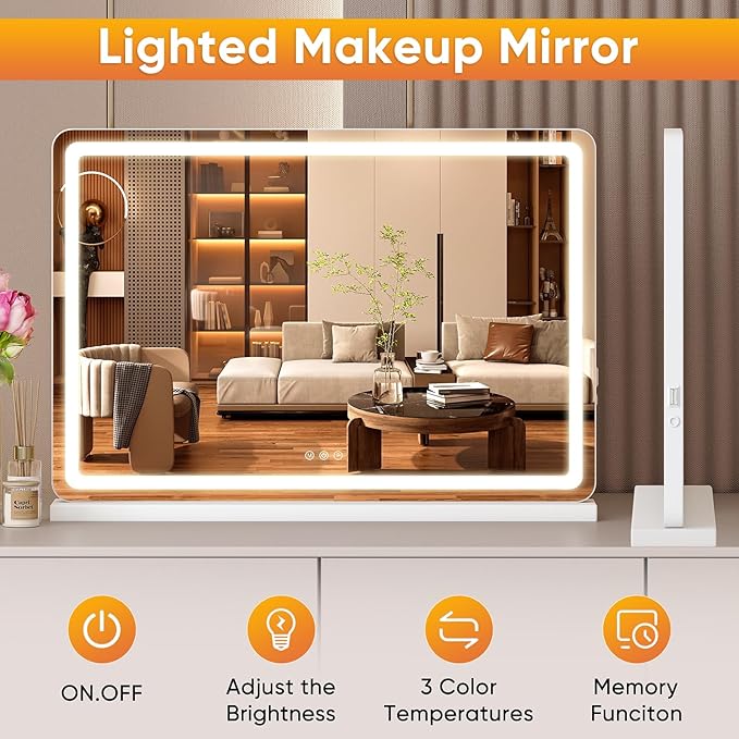 NEWBULIG 23"x32" LED Vanity Mirror with Lights, Lighted Tabletop Makeup Mirror, Touch Control Dimmable Brightness, 3 Color Lighting Modes