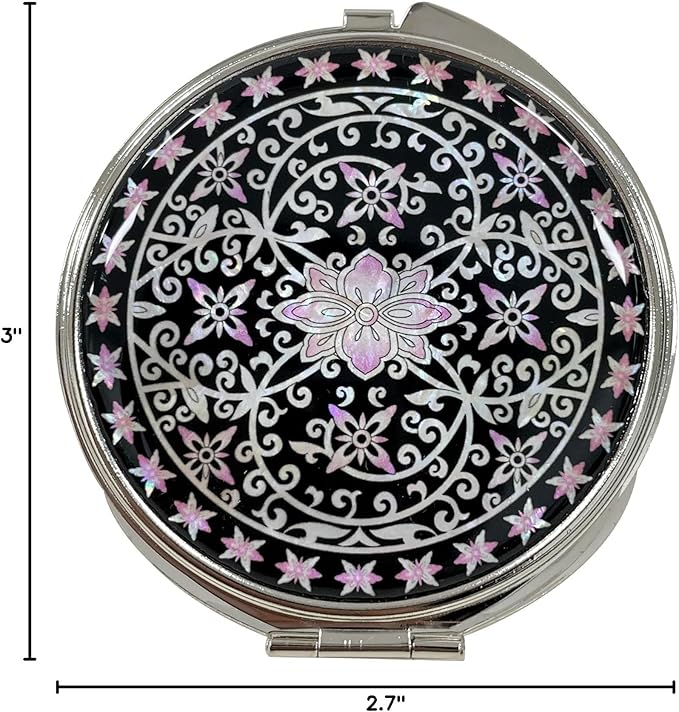 Portable Makeup Compact Double Magnifying Mirror Cosmestic Foldable Pocket Style Unique Mother of Pearl Design (Ivy)