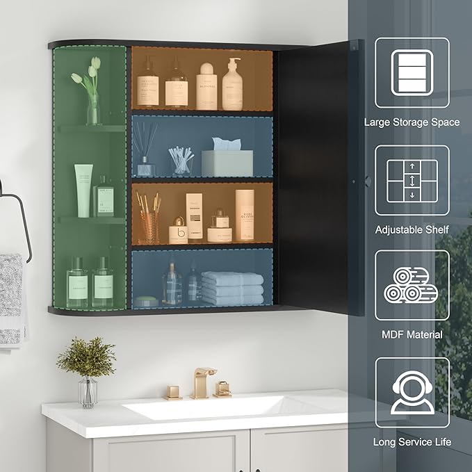 SUNLEI Bathroom Medicine Cabinet with Mirror, Wood Medicine Cabinet with Adjustable Shelf, Mirrored Door Over The Toilet Storage, Bathroom Wall Mirror Cabinet, Black