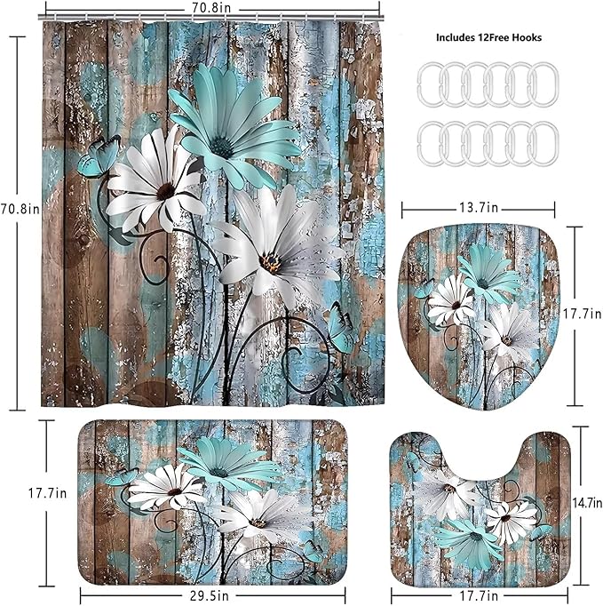 AZHM Farmhouse Flower Floral Shower Curtain Set 4pcs Rustic Teal Turquoise Daisy Bathroom Accessory Set with Rugs and 12 Hooks