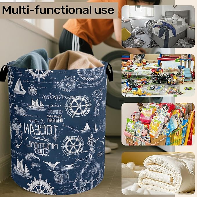Navy Blue Foldable Laundry Hamper - Waterproof Fabric Storage Basket with Handles, Clothes Hampers for Laundry,Bedroom,Dorm