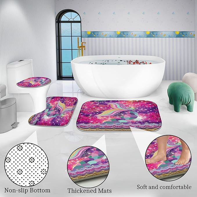 Poedist 4 Pcs Bathroom Shower Curtain Set,Kid's Bathroom Set,Mermaid's Tail Shower Curtain Sets with Rugs(Bath Mat,U Shape and Toilet Lid Cover Mat) and 12 Hooks