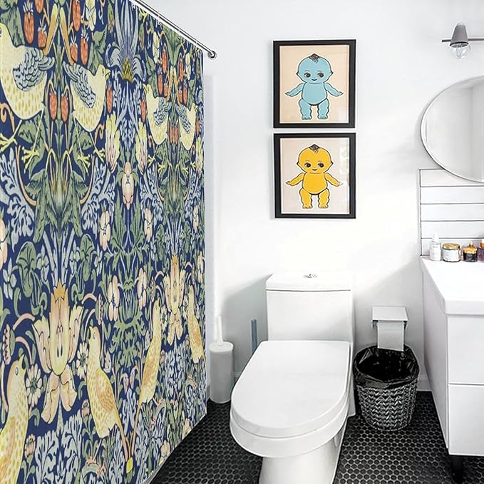 William Morris Shower Curtain,Original Design Vintage Flower Birds Strawberry Thief Pattern Print Shower Curtains Sets Polyester Waterproof Fabric Decor Bathroom Curtain 66"×72" Inch With 12 Hooks