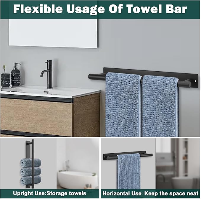 Self Adhesive Towel Bar, 16 Inch Round Towel Racks for Bathroom Wall Mounted SUS304 Stainless Steel Towel Hanger for Kitchen, No Drill or Screw-Mounted Towel Holder (Matte Black)