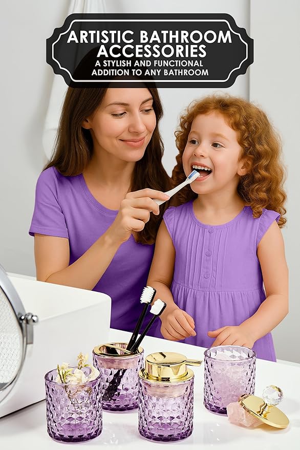 Purple Bathroom Accessories, 4Pcs Purple Bathroom Accessory Set Complete, Toothbrush Holder Set, Soap Dispenser, Qtip Holder, Tumbler, Perfect for Bathroom Decor and Vanity