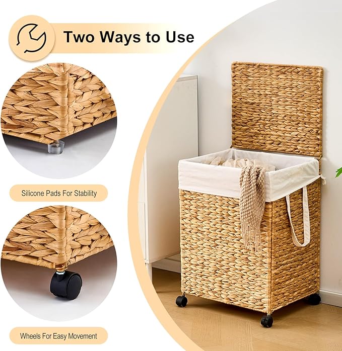 Rolling Laundry Hamper with Lid, Natural Water Hyacinth Basket with Removable Liner, Wheel or Non-Slip Installation Laundry Basket for Home Use (Natural, 100L)