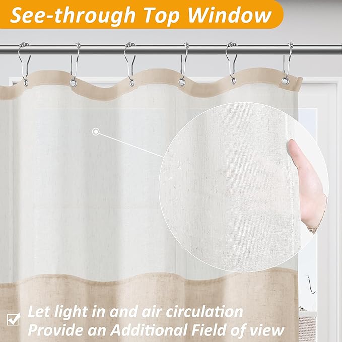 Naturoom Natural Linen Shower Curtain with Snap in Liner Set Rustic Farmhouse Shower Curtains for Bathroom 200GSM Textured Cream Burlap Cloth Double Bath Curtains with See Through Top Window 72x78