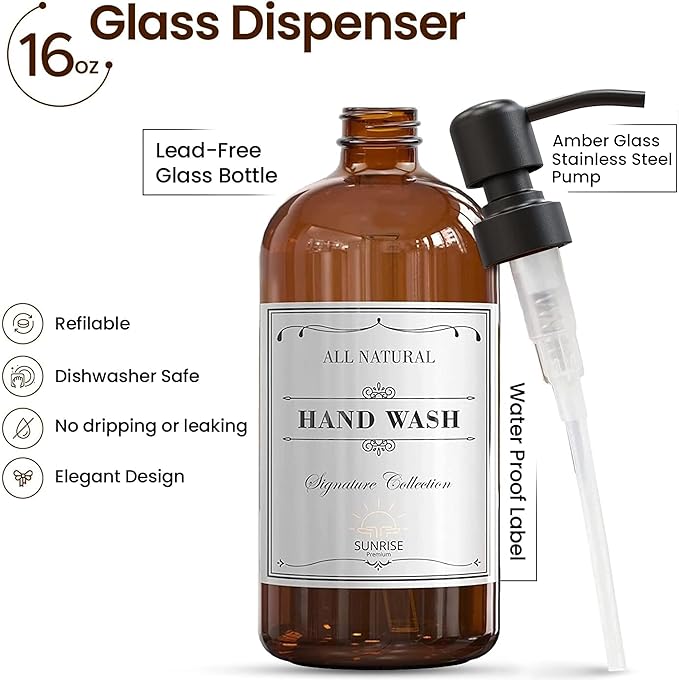 Sunrise Premium 4 Pack Amber Glass Soap Dispenser 16 OZ with Matte Black Stainless Steel Pump, Hand and Dish Soap Dispenser Set for Bathroom and Kitchen Sink with 12 Waterproof Labels