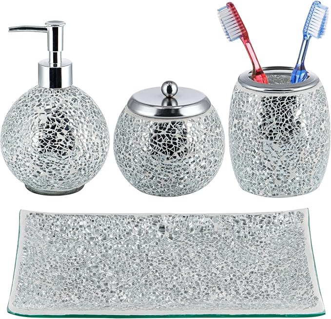 Mosaic Glass Bathroom Accessories Set, Modern Luxury Bath Ensemble, Includes Soap Dispenser & Cotton Swab Jar & Toothbrush Holder & Vanity Tray (Shiny Silver)