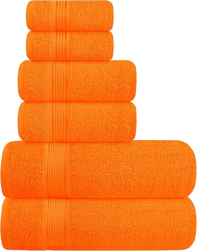 Elvana Home Ultra Soft 6 Pack Cotton Towel Set, Contains 2 Bath Towels 28x55 inch, 2 Hand Towels 16x24 inch & 2 Wash Coths 12x12 inch, Ideal for Everyday use, Compact & Lightweight - Orange