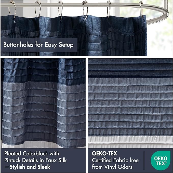 Madison Park Amherst Bathroom Shower Curtain Faux Silk Pieced Striped Modern Microfiber Bath Curtains, 72x84 Inches, Navy
