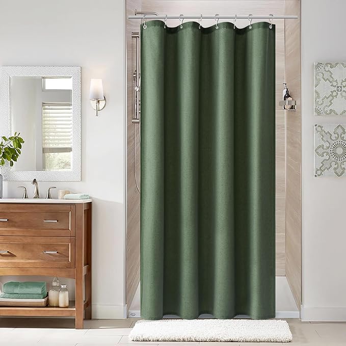 Naturoom 42 Inch Shower Curtain - Stall Narrow Half Green Linen Ultra Thick Fabric Shower Curtain Set with Hooks, Boho Farmhouse Rustic RV Camper Bath Curtains for Bathroom, Olive Green, 42x72