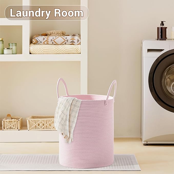 Girls' Tall Laundry Basket with Handles, 58L Portable Dirty Clothes Hamper, Boho Cotton Rope Storage Bin for Blankets Kids Toys Gifts, Decorative Organizer for Nursery Bedroom Bathroom, Pink