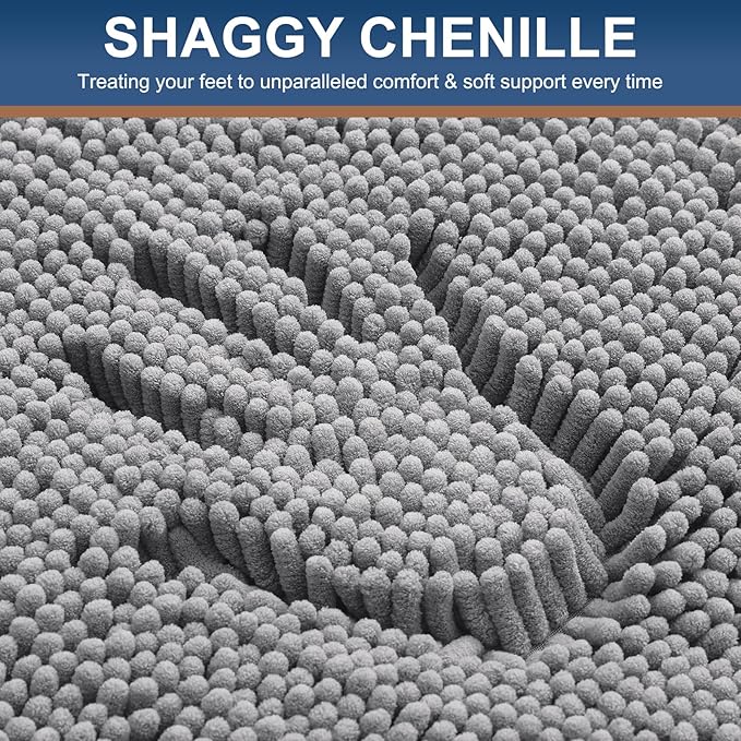 Smiry Luxury Chenille Bathroom Rugs 30x20, Extra Soft and Absorbent Shaggy Bath Mat, Machine Washable, Non-Slip Plush Carpet Runner for Tub, Shower, and Floor, Home Decor Accessories, Grey