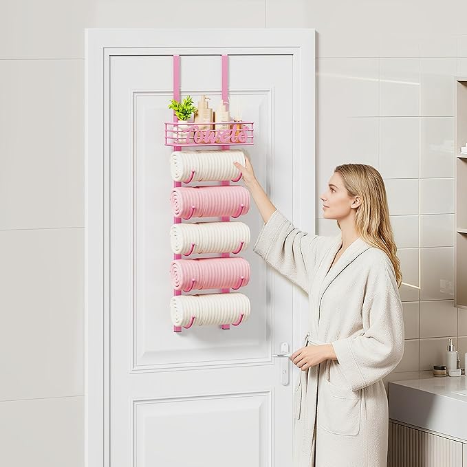 SWTYMIKI Hanging Towel Racks for Bathroom - 9 Tier Over the Door & Wall Mounted Bath Rolled Towel Storage Organizer Holder for Small Bathroom, RV, Camper (Pink, 6-Tier)