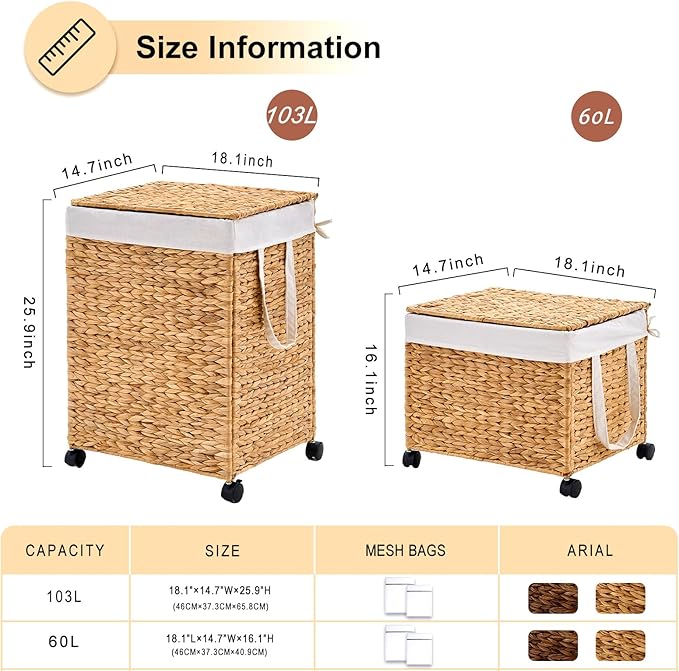 Rolling Laundry Hamper with Lid, Natural Water Hyacinth Basket with Removable Liner, Wheel or Non-Slip Installation Laundry Basket for Home Use (Natural, 100L)