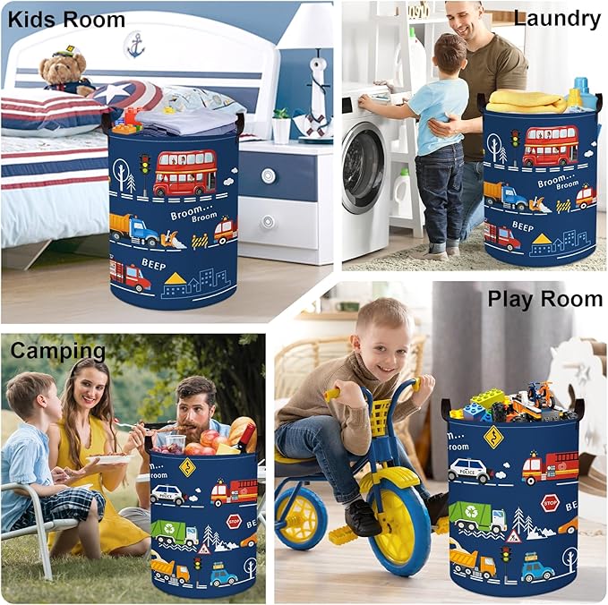 Cars Laundry Hamper Cartoon Vehicle Large Storage Basket Collapsible Parents Organizer Boy Toy Clothes Bins for Bedroom, Bathroom, City Bus, 63L