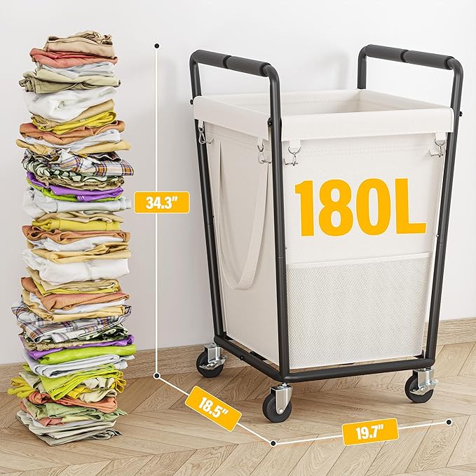 180L Laundry Basket with Wheels & Handles, Laundry Cart with Removable Bag & Metal Frame for Clothes Storage, Hamper with Wheels for Laundry Room, Bathroom, Dorm, Home, Closet (Beige)