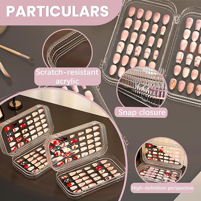 Large Tri-Fold Press On Nail Organizer Case - 4-Page Portable Storage Box for Fake Nails, Clear PET Plastic Travel Holder (6??3.2??1.8 inch) Texture