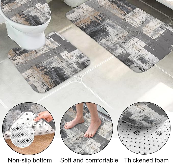 Lnond 4Pcs Bathroom Shower Curtain Sets with Rugs,Black and Grey Painting Art Bathroom Sets with Shower Curtain and Rugs and Accessories