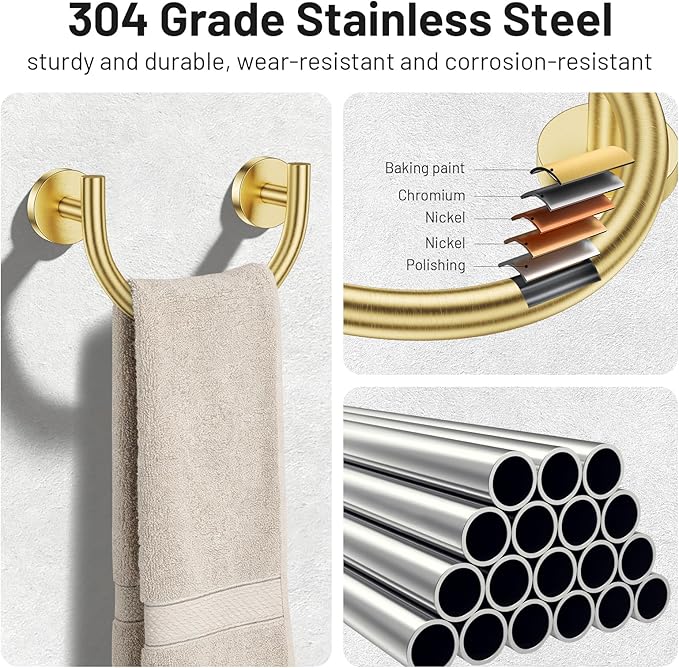 TNOMS Brushed Gold Smiley Face Towel Ring Bathroom Hand Towel Holder Stainless Steel Wall-Mounted Bathroom Hardware Accessories Towel Rack