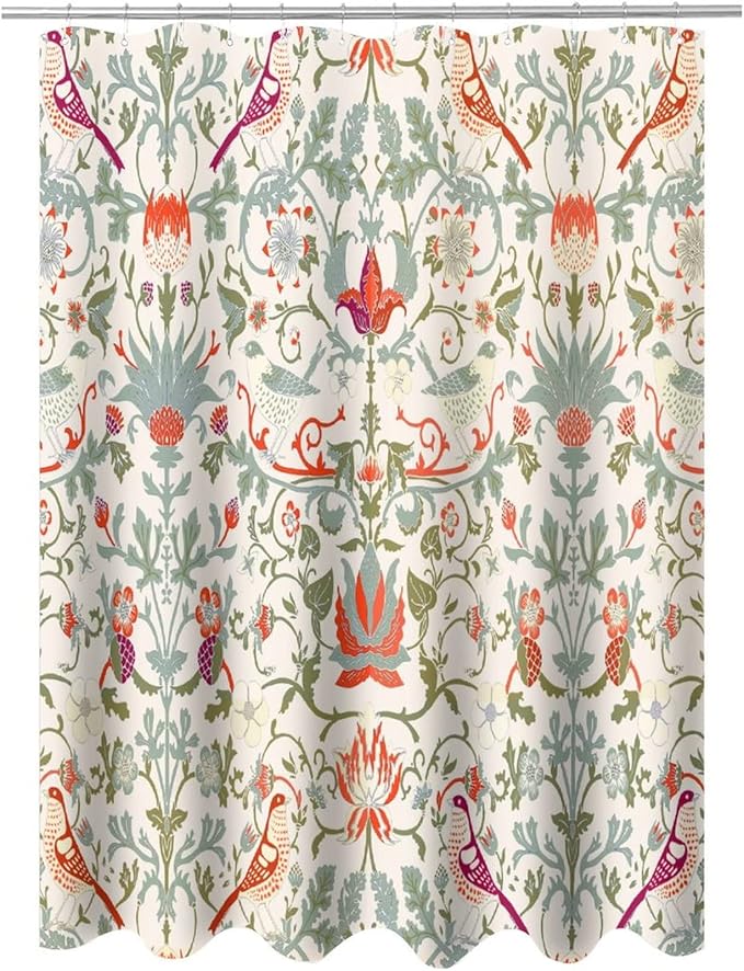 Bohemia William Morris Art Fabric Shower Curtain,Abstract Retro Mid Century Boho Floral Bird Hotel Quality,Machine Washable,72L x72W for Bathroom.