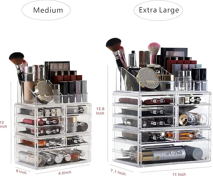 Cq acrylic 3 Pack Clear Makeup Organizer Countertop,Stackable 8 Drawers Skincare Organizer,Cute Skin Care Organizer for Vanity Hair Clip,Jewelry,Beauty Product Desk and Make Up Organizers for Vanity