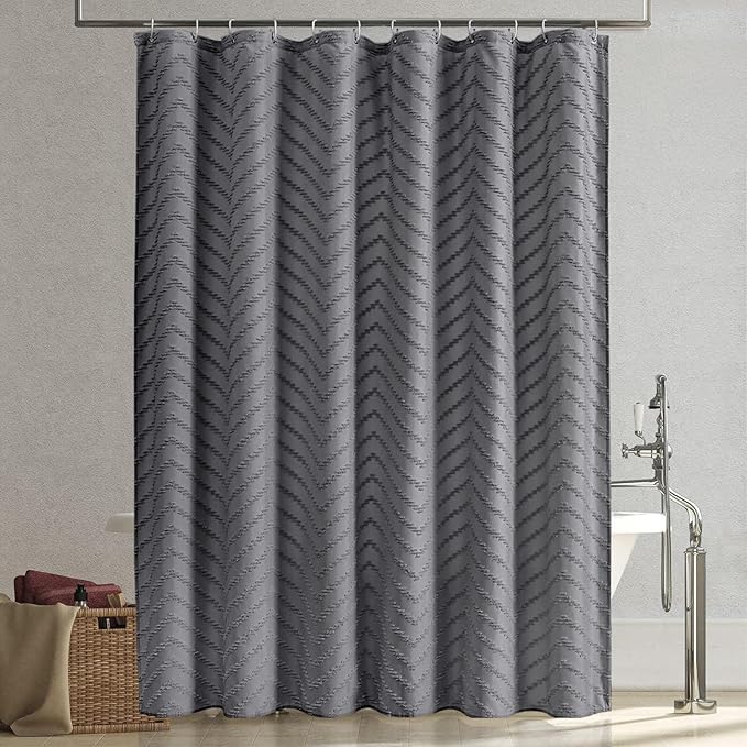 Extra Long Grey Boho Shower Curtain 78 Inch Grey Tufted Chevron Striped Fabric Shower Curtains for Bathroom Modern Shabby Chic Waterproof Cloth Shower Curtains