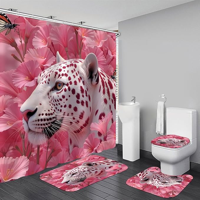 4 Pcs Pink Floral Leopard Shower Curtain Set - Whimsical Jungle Safari Animal Bathroom Decor, Waterproof Fabric Bath Curtain with Toilet Lid Cover, Non-Slip Bath Rugs, Cute Bathroom Essentials