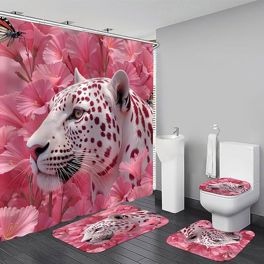 4 Pcs Pink Floral Leopard Shower Curtain Set - Whimsical Jungle Safari Animal Bathroom Decor, Waterproof Fabric Bath Curtain with Toilet Lid Cover, Non-Slip Bath Rugs, Cute Bathroom Essentials