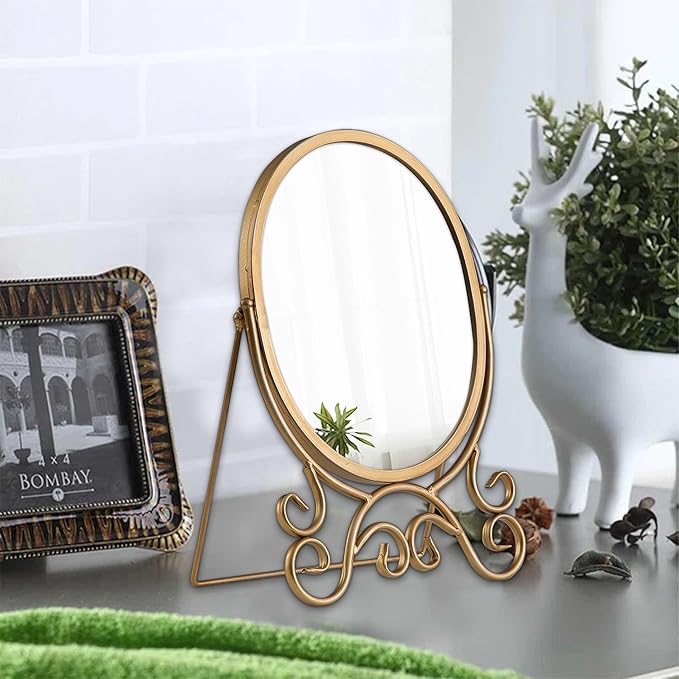 Vintage Gold Standing Mirror 10 X 15 Inch, Metal Framed Oval Table Mirror, Antique Makeup Mirror with Stand for Desk, Vanity Mirrors Tabletop for Living Room Bathroom Bedroom Shelf