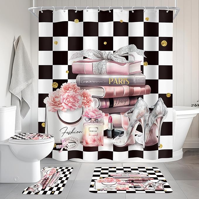 Cinbloo 4Pcs Black White Checkered Shower Curtain Set, Pink Fashion Flower Perfume High Heels Books Bathroom Curtain with Rug, Toilet Lid Cover, Bath Mat, Women Girl Shower Curtain with 12 Hooks