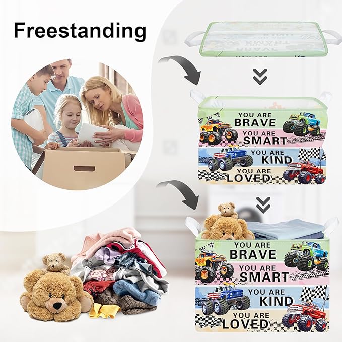 Cars Laundry Hamper Cartoon Vehicle Large Storage Basket Collapsible Parents Organizer Boy Toy Clothes Bins for Bedroom, Bathroom, Monster Truck, 36L