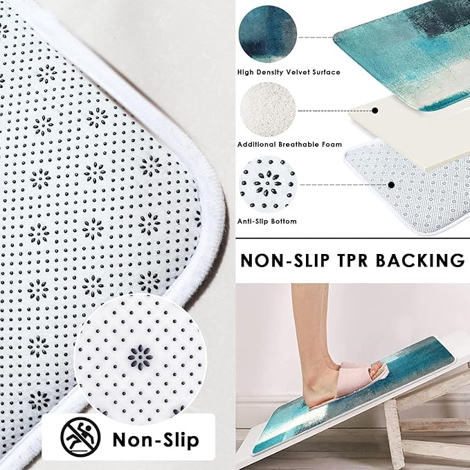 Turquoise Abstract Shower Curtain Set with Toilet Lid Cover and Non-Slip Rugs for Bathroom, Modern Painting Art 4 Pcs Shower Curtain, Vintage Grey White Bathroom Set with 12 Hooks