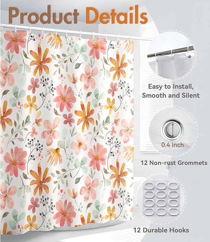 MAMUSE Shower Curtain for Bathroom - Cute Aesthetic Decorative Modern Girly Unique Girls Design Pretty Women Waterproof Fabric Cloth Cortinas de Baño Bathtub 72 x 72 Inch, Orange Floral