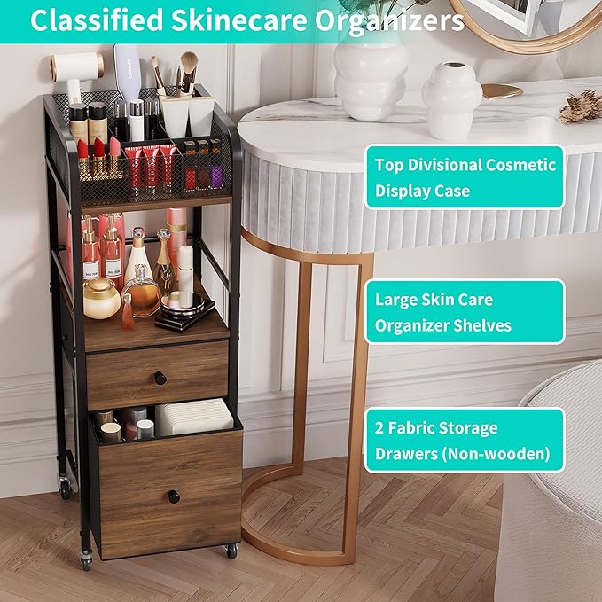 HapiRm Rolling Makeup Cart Organizer - Floor Skincare Make Up Storage with 2 Non-woven Fabric Drawers, Vanity Organizer Cosmetic Display Cases Holder for Skin Care Perfume Nail Polish Brush Hair Tool