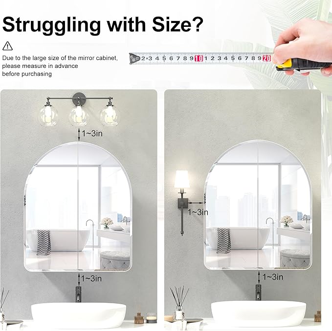 Beveled Edge Arched Medicine Cabinet with Mirror,2-Door Arch Surface Mount Medicine Cabinets Mirror,Frameless Mirrored Medicine Cabinets for Bathroom Mirror Cabinet,botiquines de baño 24x28