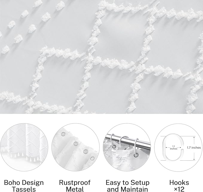 Extra Long White Textured Woven Fabric Boho Shower Curtain with Tassels 72 x 84 Modern Farmhouse Minimalist, Tufted Chevron Striped Shabby Chic, Water Resistant Cloth Curtain for Bathroom, Hotel Decor