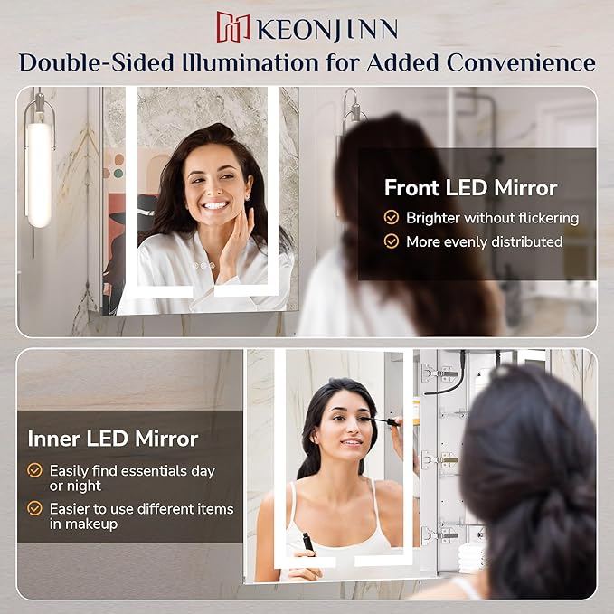 Keonjinn 16x24 Inch Lighted Medicine Cabinet for Bathroom with Outlets, Anti-Fog Lighted Medicine Cabinet with Mirror 3 Colors Dimmable, Tempered Glass UL Listed Front Lit Bathroom Mirror with Storage