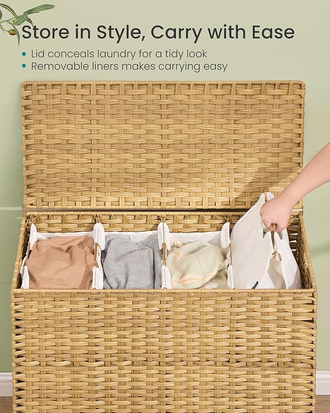 SONGMICS 4-Section Laundry Hamper with Lid, 55.4 Gal (210L) PE Rattan Laundry Basket with Removable Washable Liners, for Bedroom & Living Room, Goose Yellow ULCB224YE01