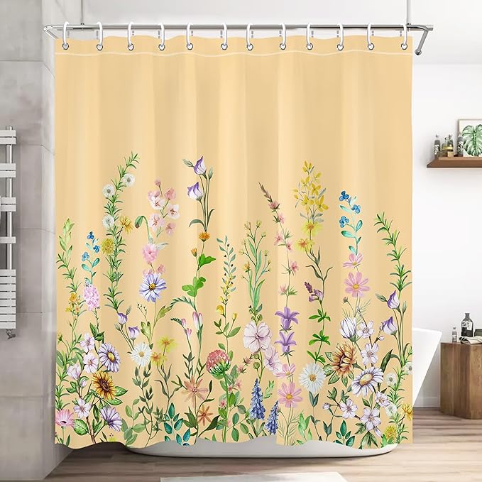 Yellow Floral Flower Shower Curtain Pretty Wildflower Bathroom Shower Curtain Set Boho Cute Shower Curtains Cloth Fabric Shower Curtain