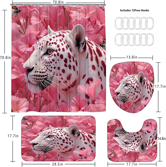 4 Pcs Pink Floral Leopard Shower Curtain Set - Whimsical Jungle Safari Animal Bathroom Decor, Waterproof Fabric Bath Curtain with Toilet Lid Cover, Non-Slip Bath Rugs, Cute Bathroom Essentials