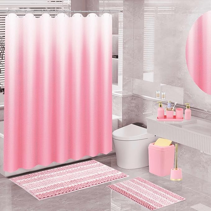 XLHOMO 25PCS Pink Bathroom Accessories Sets Complete, with Shower Curtain, Rugs, Trash Can and Toilet Brush, Toothbrush Holder and Cup, Soap Dispenser, Soap Dish, Qtip Holder, Bathroom Decor Sets