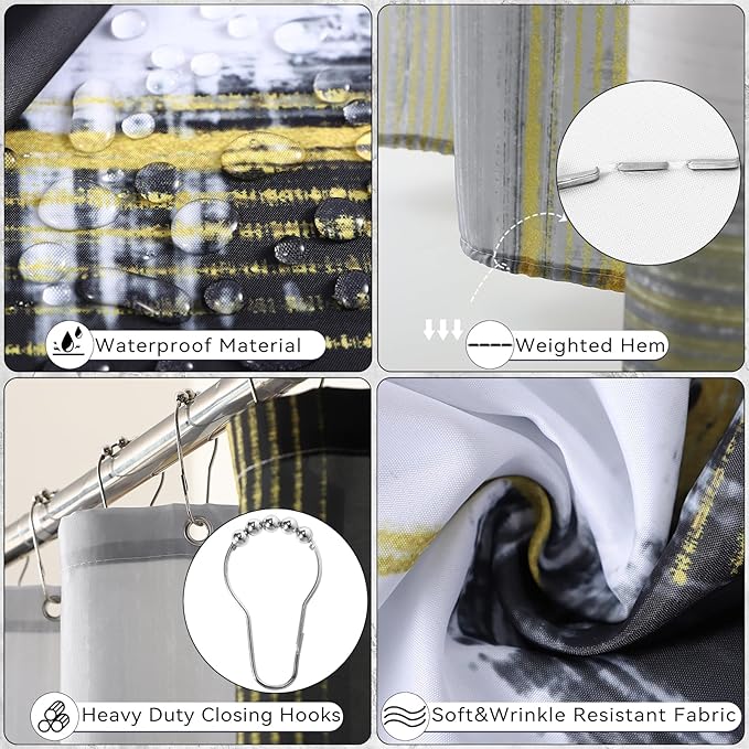 XLHOMO Black and Gold Bathroom Accessories Set, Bathroom Sets with Shower Curtain, Black Bathroom Accessories with Trash Can, Soap Dispenser, Soap Dish, Toilet Brush Holder, Qtip Holders for Bathroom