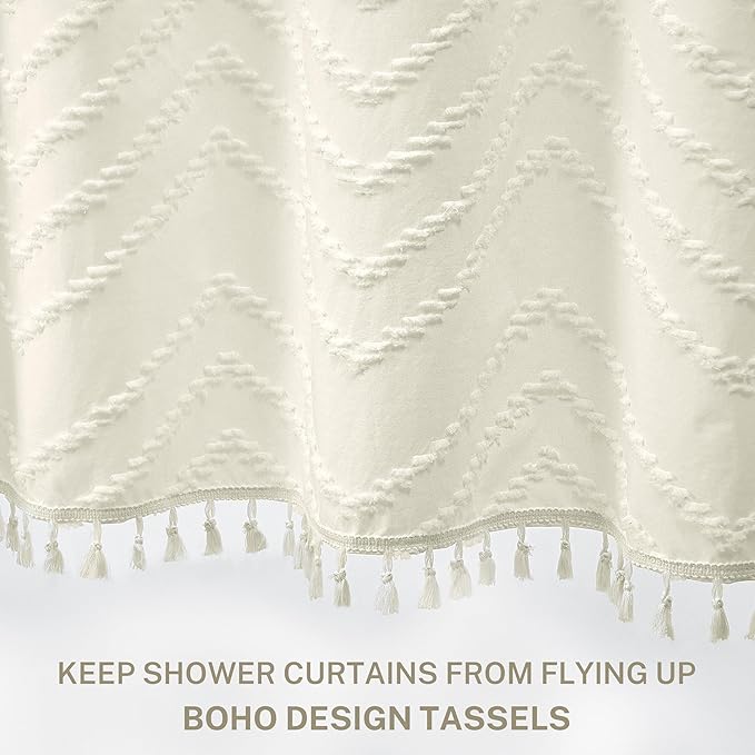 Extra Long Boho Shower Curtain Woven Fabric 84 in Cream Shower Curtain, 72 x 84, Tufted Chevron Striped Modern Chic Textured Minimalist Bathroom Shower Curtains