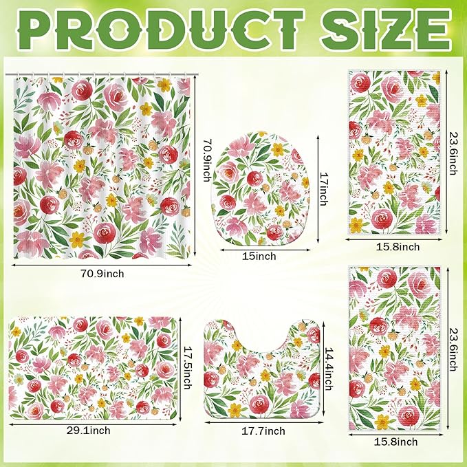 Nuanchu 6 Pcs Spring Shower Curtain Set with Rug Flower Bathroom Sets with Shower Curtain Bath Mat U Shaped Mat Toilet Lid Cover 2 Bath Towels and 12 Hooks Spring Flower Bathroom Decor
