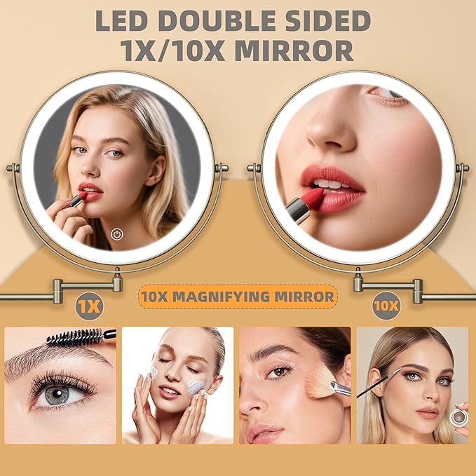 8.5" Wall Mounted Makeup Mirror with Light, 2000mAh Rechargeable Double Sided 1X / 10X Magnifying Vanity Mirror, 3 Color Lights Touch Dimmable 360° Rotation Bathroom Mirror, Nickel
