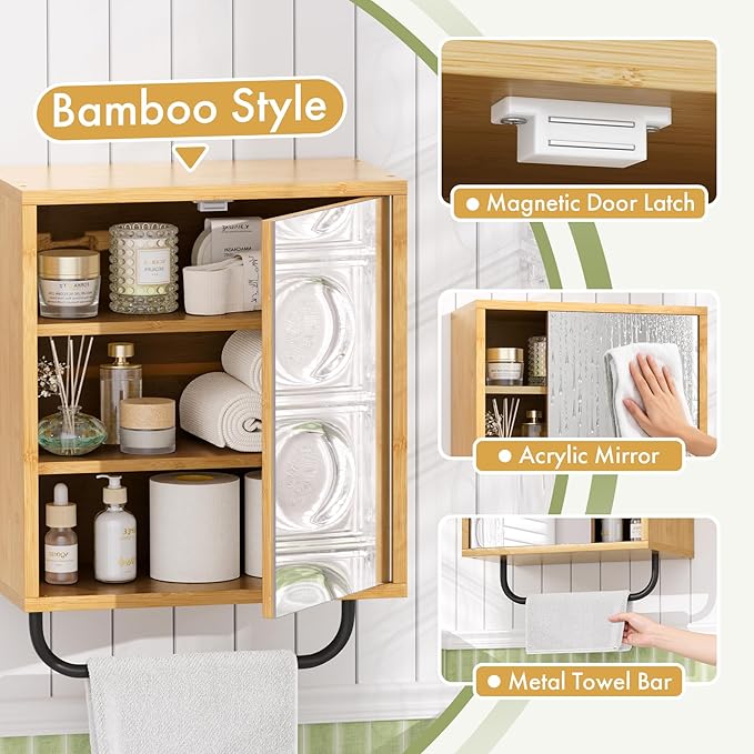 AmazerBath Bathroom Medicine Cabinet with Mirror, Bamboo Medicine Cabinet Wall Mounted, Over The Toilet Storage with Towel Bar for Bathroom, Small Spaces
