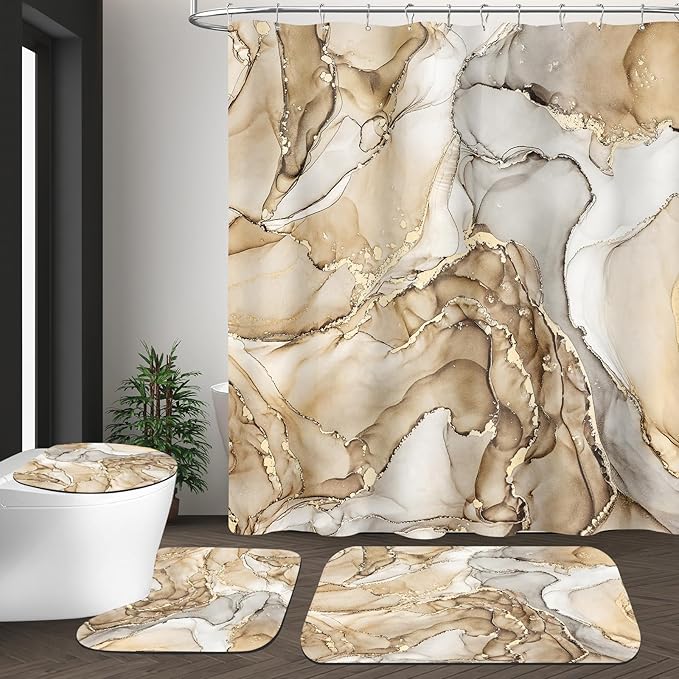 4PCS Beige Marble Bathroom Sets with Shower Curtain and Rugs, Abstract Shower Curtain Sets with Rugs for Bathroom Decor, Bathroom Curtains Shower Set with Toilet Lid Cover Accessories